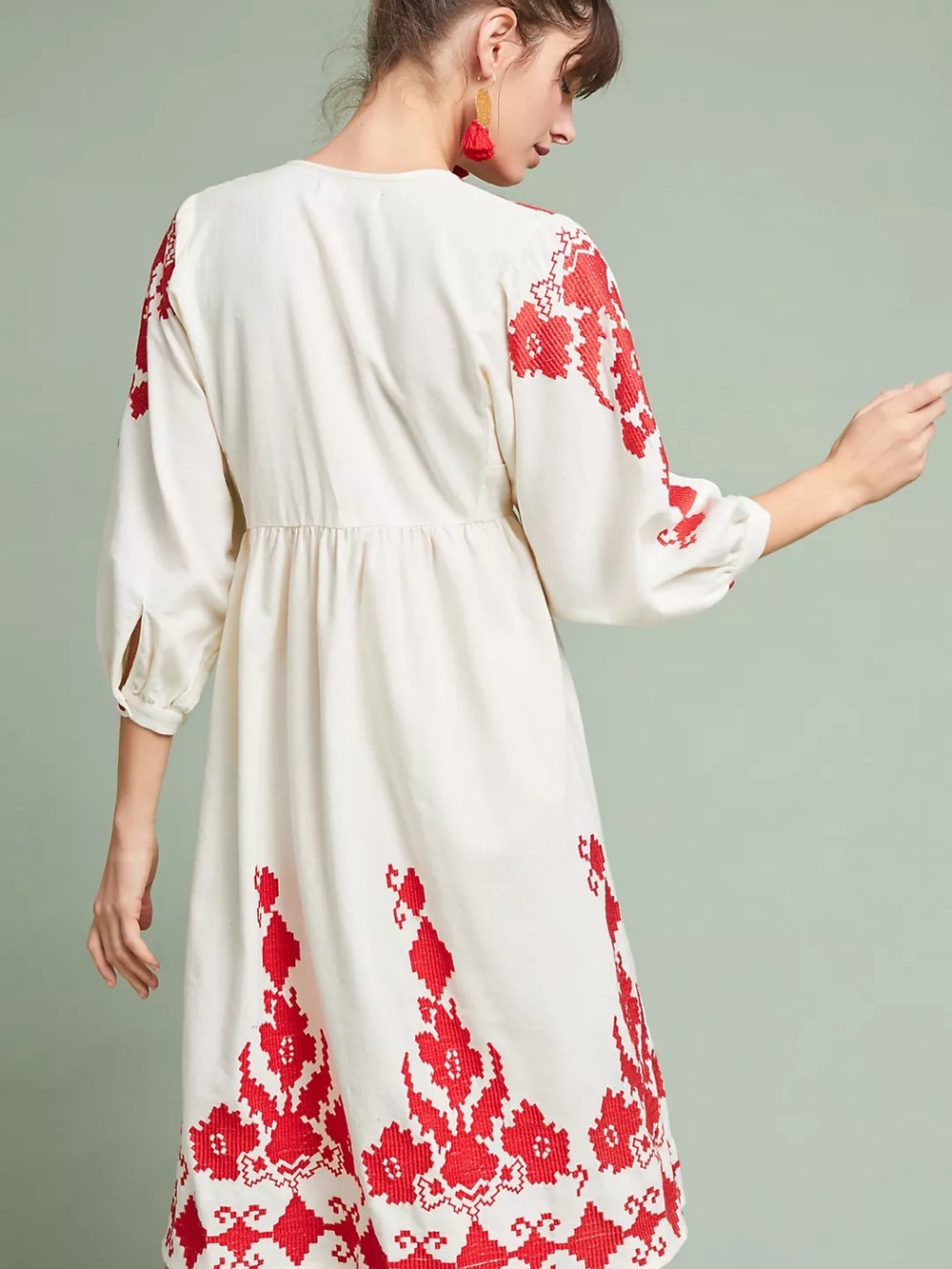 Velvet by Graham & Spencer - Jora Embroidered Peasant Midi Cream Red Dress - Picture 4 of 8